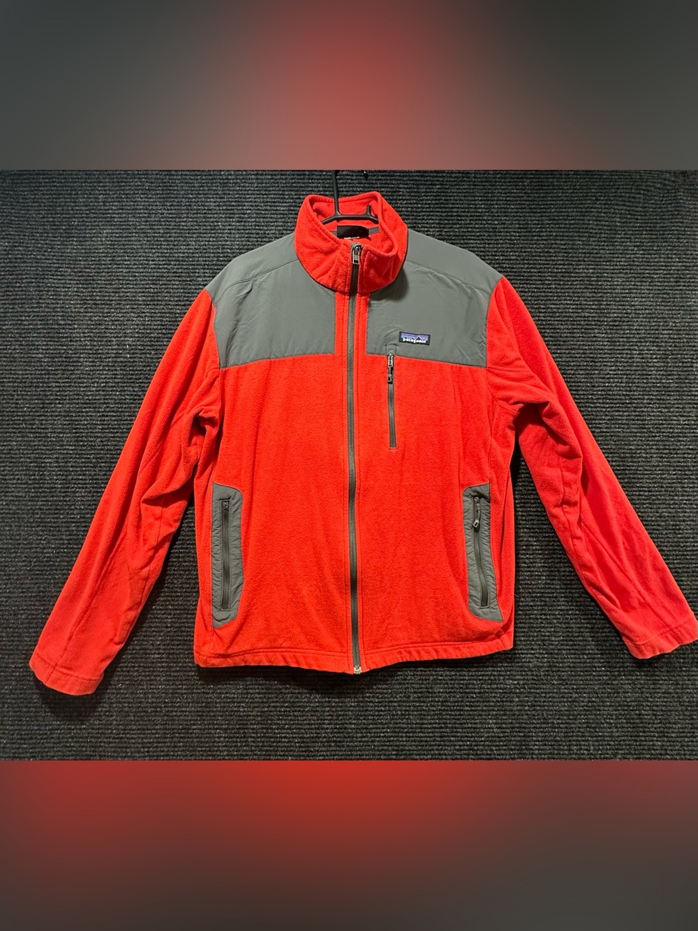 Patagonia Full Zip Synchilla Fleece Jacket Red Gray Nylon Yoke Mens Size Large